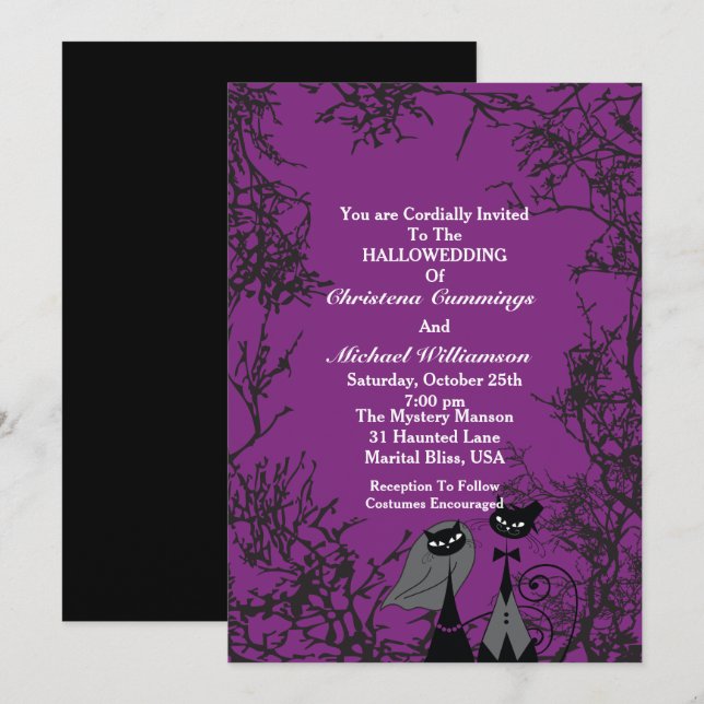 Invitación a la boda de gatos morados de Halloween (Anverso / Reverso)