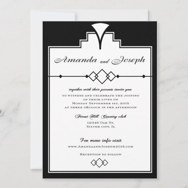 Invitación a la boda de Gatsby Blanco y negro (Anverso)