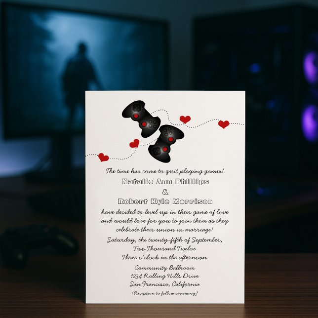 Invitación a la boda de Geeky Gamers (Oscuro) (Red Geeky Gamers Wedding Invitation)