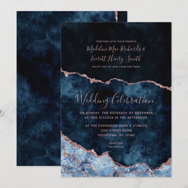 Invitación a la boda de Gilt Rosa Blue de la Marin (Anverso / Reverso)