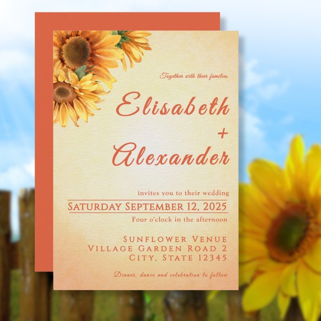 Invitación a la boda de girasol, alegre y cálida (Warm Joyful Sunflower Wedding Invitation)