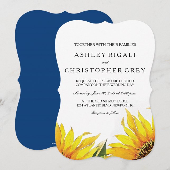 Invitación a la boda de girasol azul amarillo y ma (Anverso / Reverso)