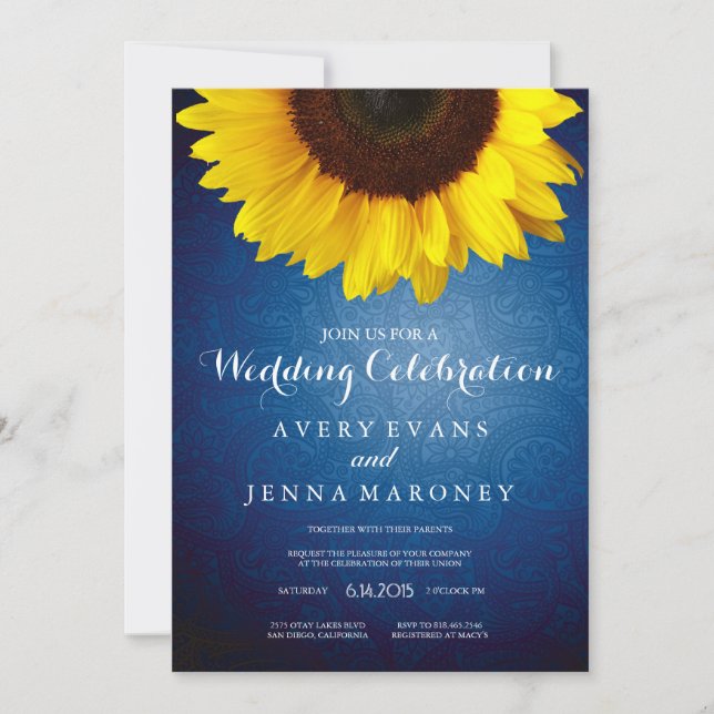Invitación a la boda de girasol azul y amarillo