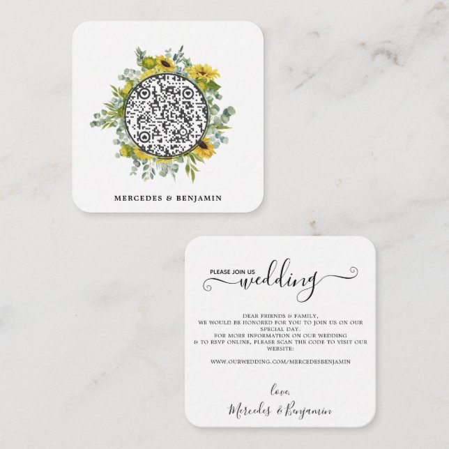 Invitación a la boda de girasol con código QR Euca (Anverso / Reverso)