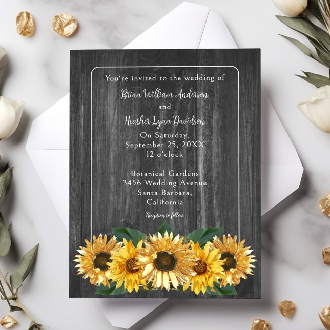 Invitación a la boda de girasol con un clima rústi (Rustic Weathered Sunflower Wedding Invitation)