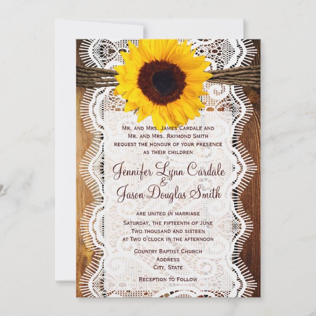 Invitación a la boda de girasol en la madera de ba (Anverso)