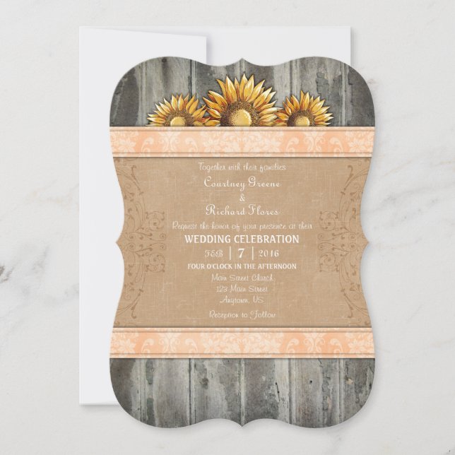 Invitación a la boda de girasol ruso Peach Brown (Anverso)