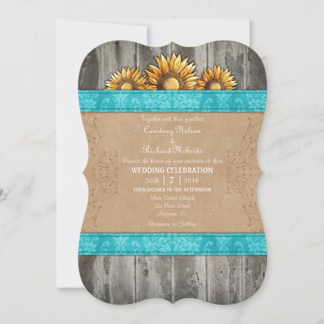 Invitación a la boda de girasol rústico turquesa (Anverso)