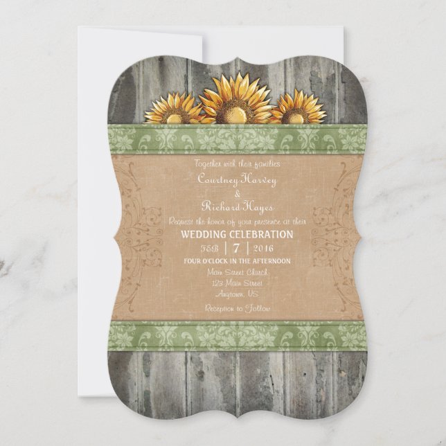 Invitación a la boda de girasol rústico verde sabi (Anverso)