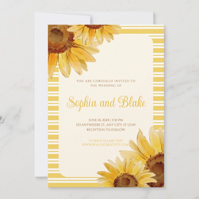 Invitación a la boda de girasoles a rayas amarilla (Anverso)