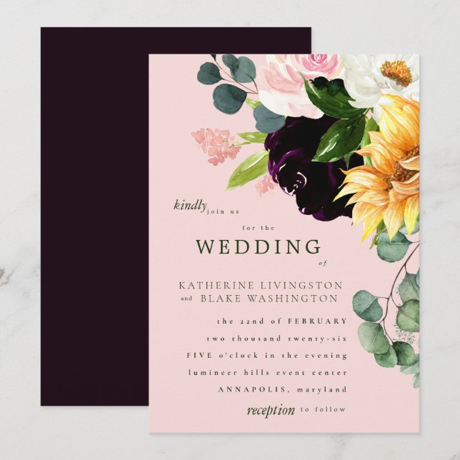 Invitación a la boda de girasoles en Rubor y Borgo (Anverso / Reverso)