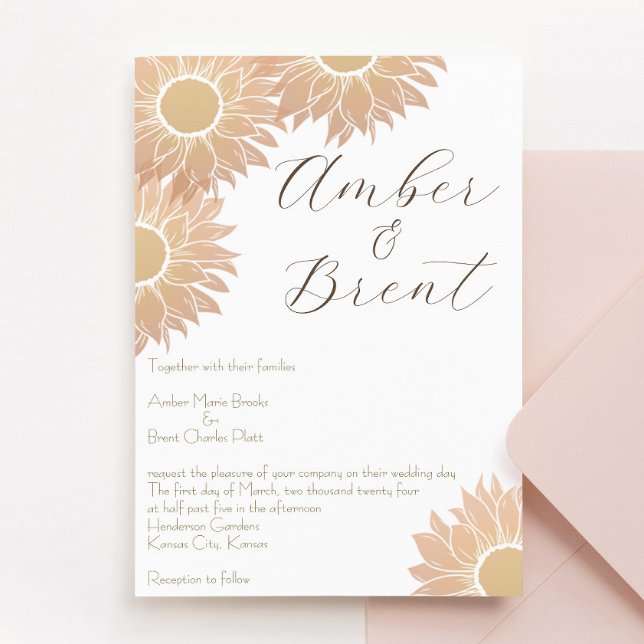 Invitación a la boda de girasoles moderna y sencil (sunflower peach pink and yellow wedding invitation, perfect for spring or summer weddings!)