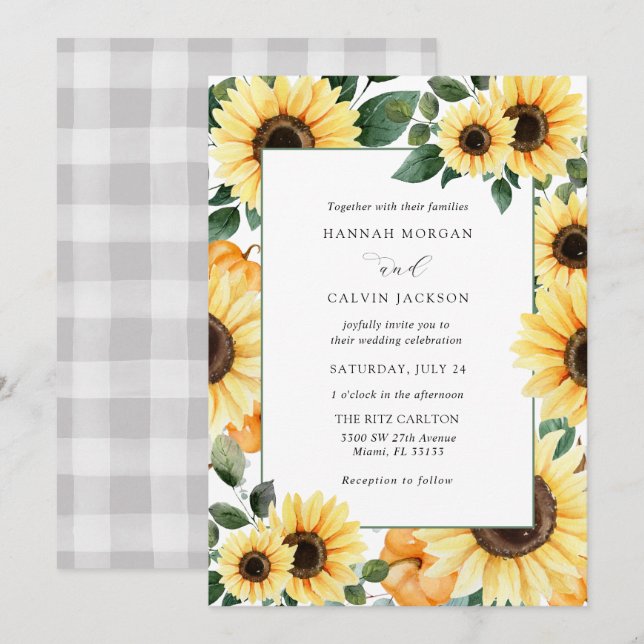 Invitación a la boda de girasoles y calabazas (Anverso / Reverso)