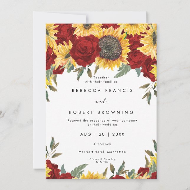 invitación a la boda de girasoles y rosas rojas (Anverso)