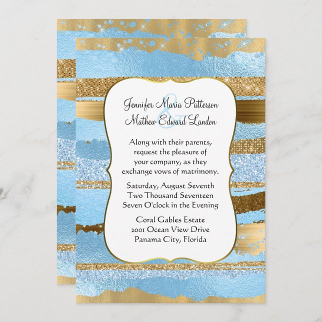 Invitación a la Boda de Glam Azul y Oro (Anverso / Reverso)