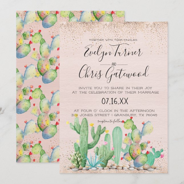 Invitación a la boda de Glam Cactus Fiesta (Anverso / Reverso)