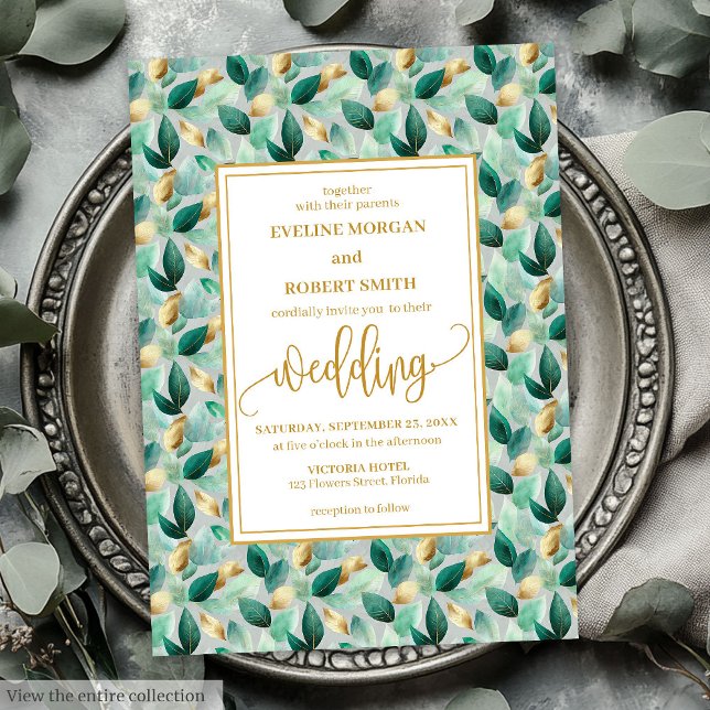 Invitación a la boda de Glam Deep Green Gold (Glam Deep Green Gold Leaves Wedding Invitation)