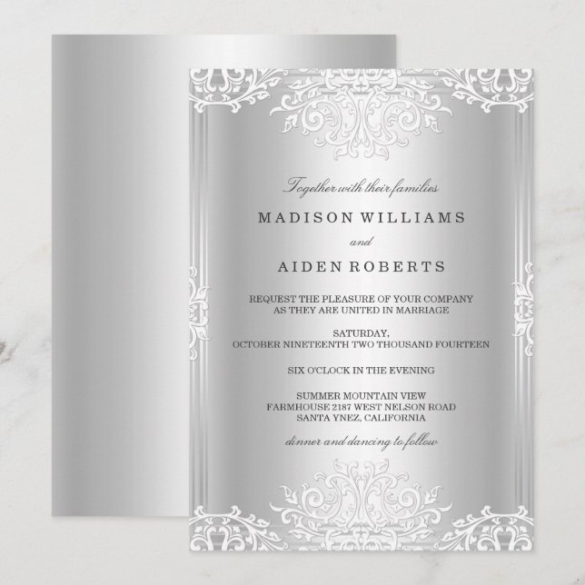 Invitación a la boda de glamour blanca plateada (Anverso / Reverso)