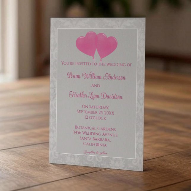 Invitación a la boda de globos de corazón rosado (Pink Heart Balloons Wedding Invitation)