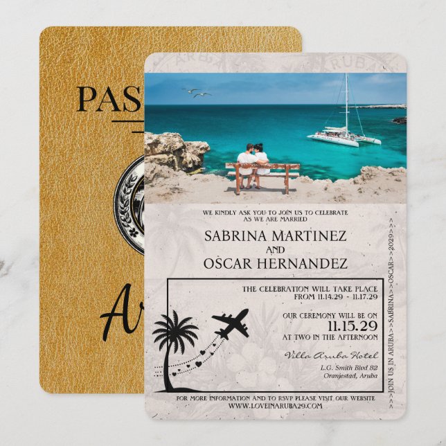 Invitación a la boda de Gold Aruba Passport (Anverso / Reverso)