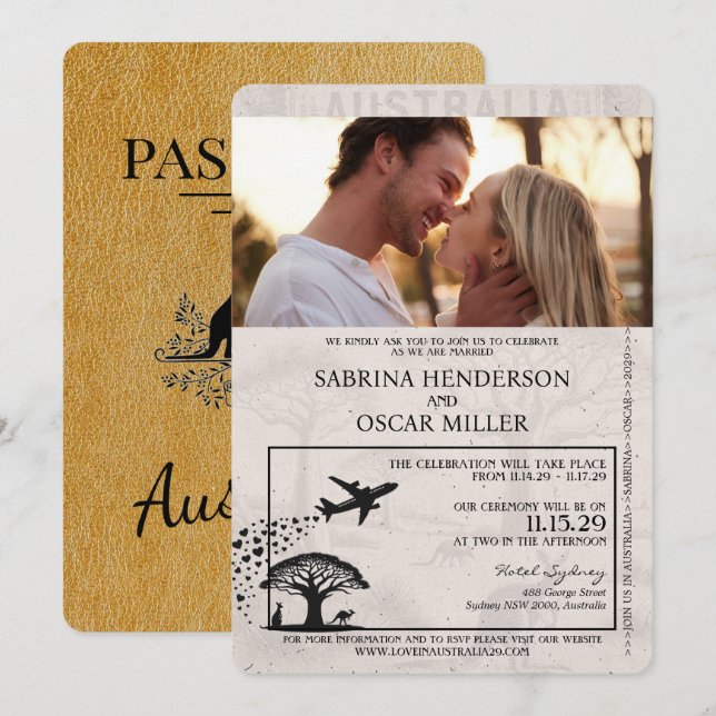 Invitación a la boda de Gold Australia Passport (Anverso / Reverso)