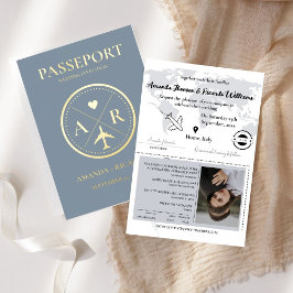 Invitación a la boda de Gold & Dusty Blue Passport