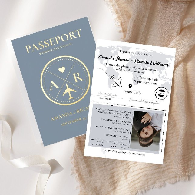 Invitación a la boda de Gold & Dusty Blue Passport (Subido por el creador)