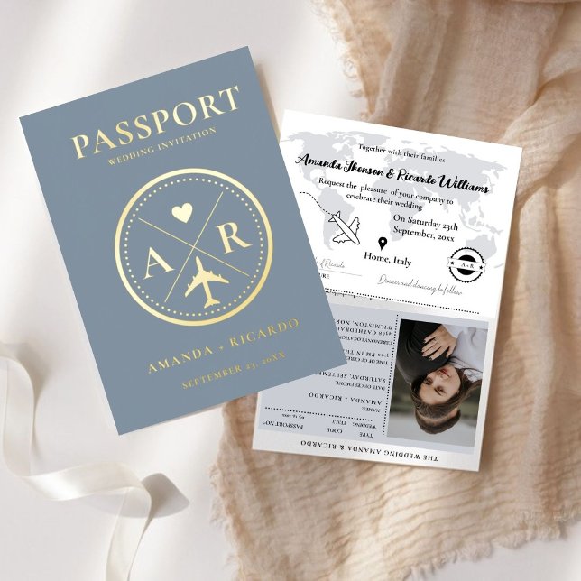 Invitación a la boda de Gold & Dusty Blue Passport (Subido por el creador)
