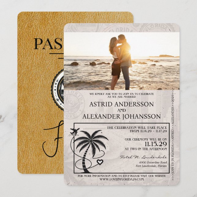 Invitación a la boda de Gold Florida Passport (Anverso / Reverso)