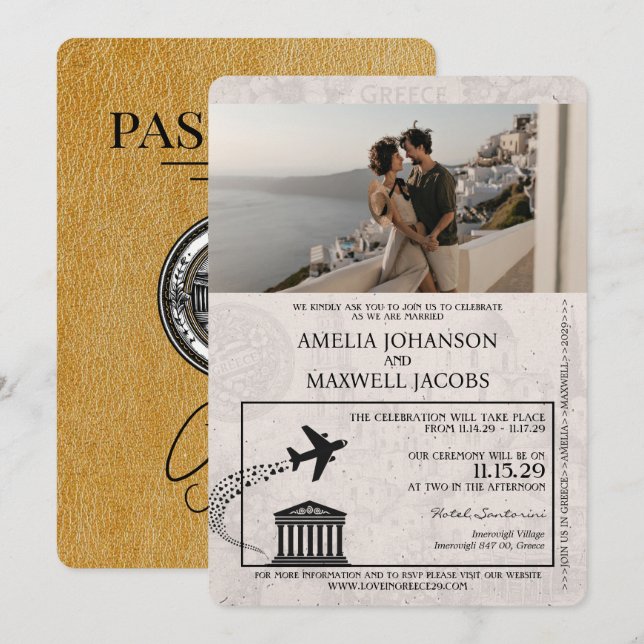 Invitación a la boda de Gold Greece Passport (Anverso / Reverso)