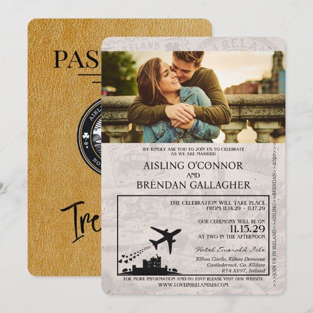 Invitación a la boda de Gold Ireland Passport (Anverso / Reverso)