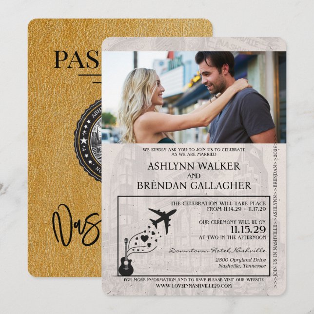 Invitación a la boda de Gold Nashville Passport (Anverso / Reverso)