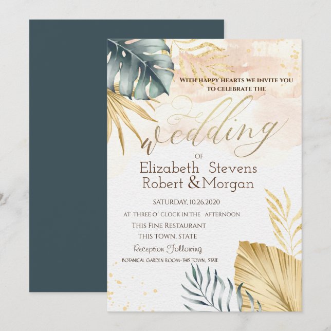 Invitación a la boda de Gold Palm Leaves Beach (Anverso / Reverso)