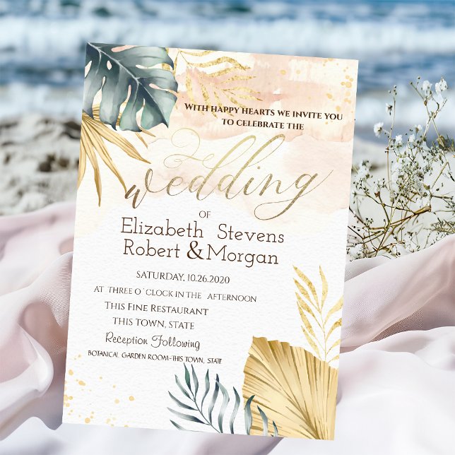 Invitación a la boda de Gold Palm Leaves Beach (Subido por el creador)