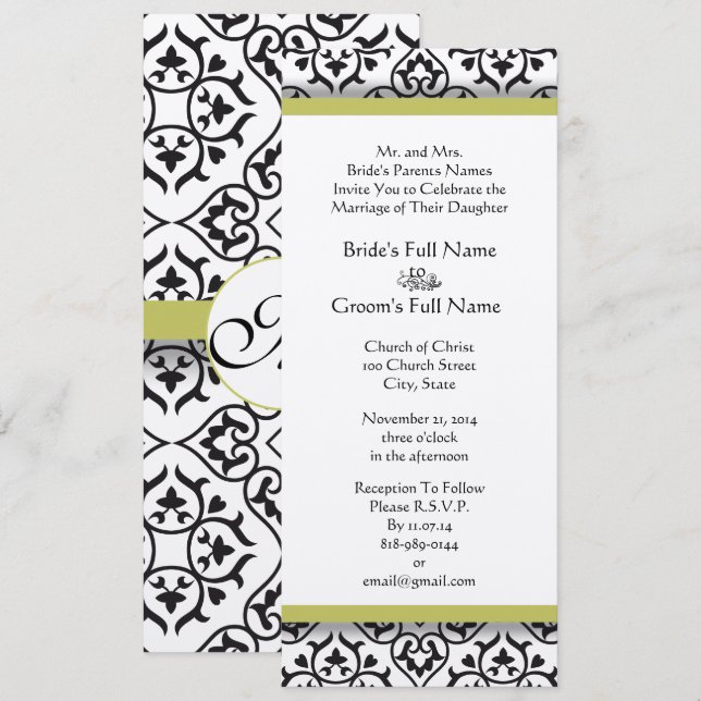 Invitación a la boda de Golden Lime Damask Swirls (Anverso / Reverso)