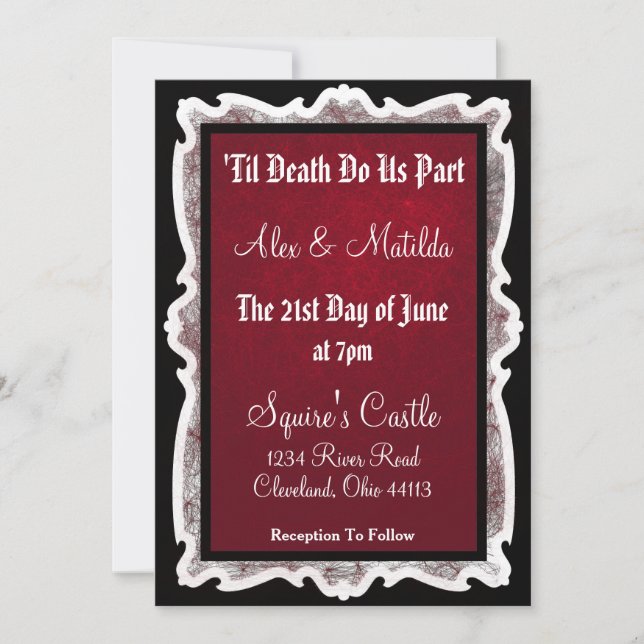 Invitación a la boda de gótico en negro y rojo (Anverso)