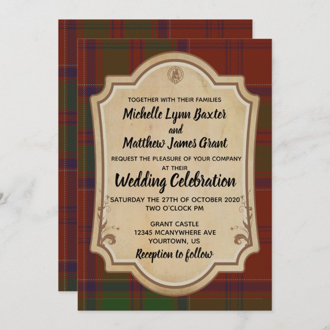 Invitación a la boda de Grant Tartan (Anverso / Reverso)