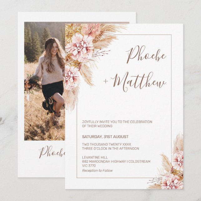 Invitación a la boda de Grass Boho Floral Pampas d (Anverso / Reverso)