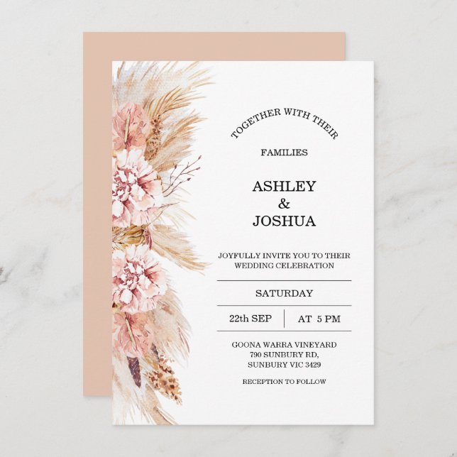 Invitación a la boda de Grass Floral Boho Pampas d (Anverso / Reverso)