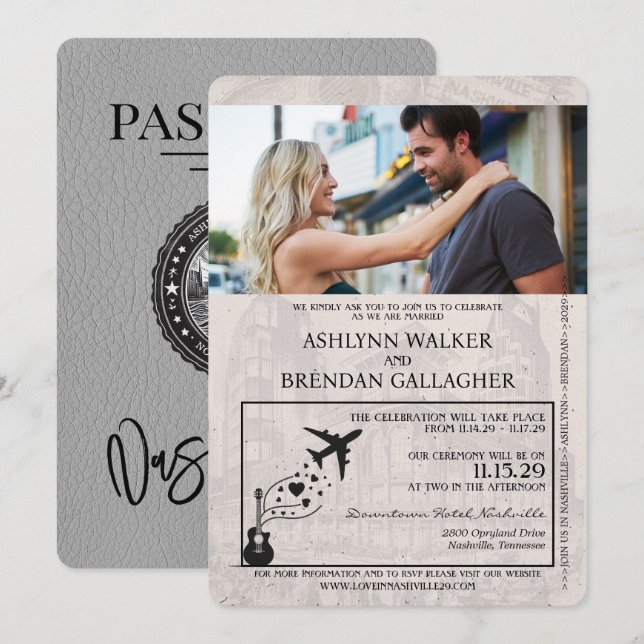 Invitación a la boda de Gray Nashville Passport (Anverso / Reverso)