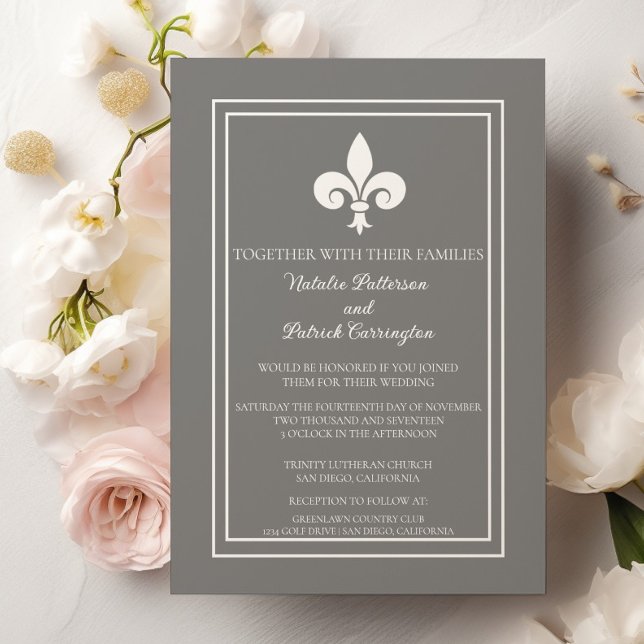 Invitación a la boda de Grey Fleur de Lis (Gray Fleur de Lis Wedding Invitation)