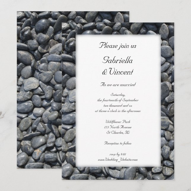 Invitación a la boda de guijarros negros lisos (Anverso / Reverso)