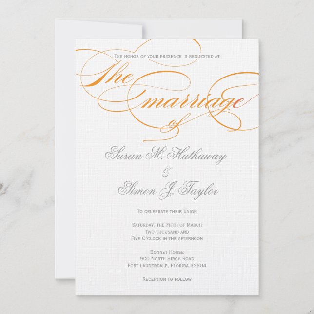 Invitación a la boda de guión elegante - Naranja (Anverso)
