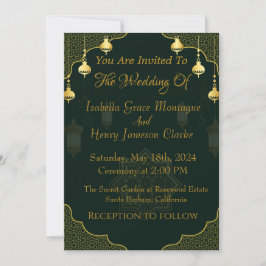 Invitación a la boda de guion verde oscuro y oro