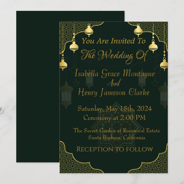 Invitación a la boda de guion verde oscuro y oro (Anverso / Reverso)