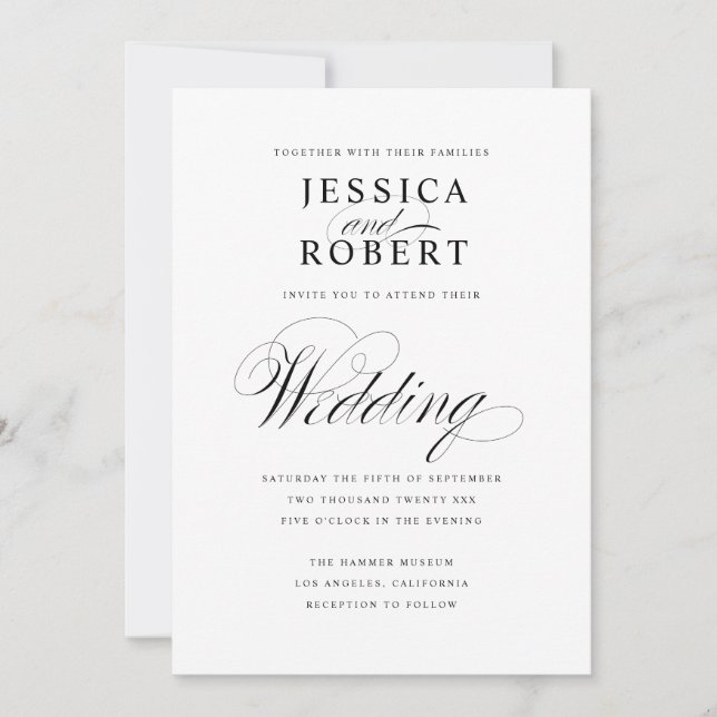 Invitación a la boda de guiones elegantes en blanc (Anverso)