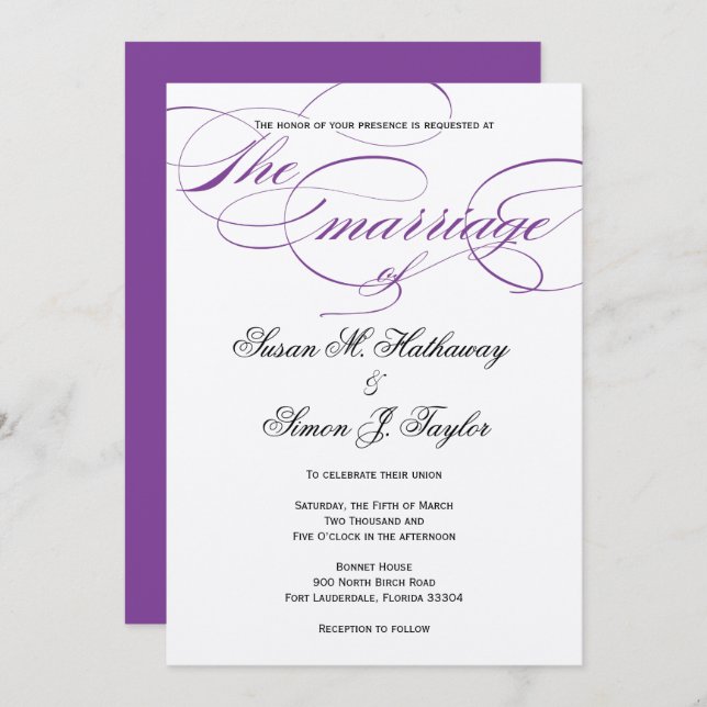 Invitación a la boda de guiones elegantes - Púrpur (Anverso / Reverso)
