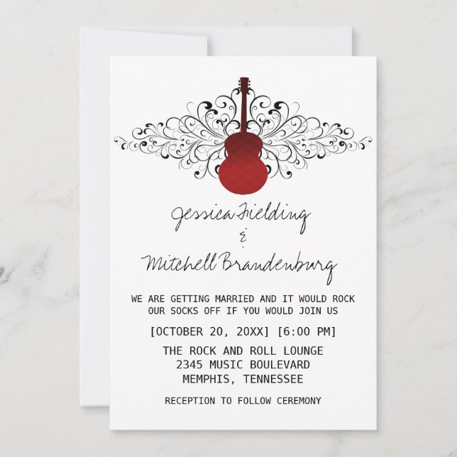 Invitación a la boda de guitarra de Red Swirls (Anverso)