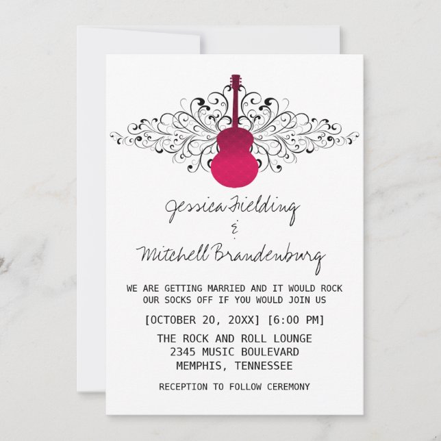 Invitación a la boda de guitarra de Swirls Pink Ho (Anverso)