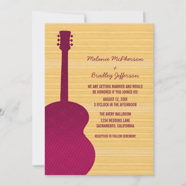 Invitación a la boda de guitarra en países rosados (Anverso)